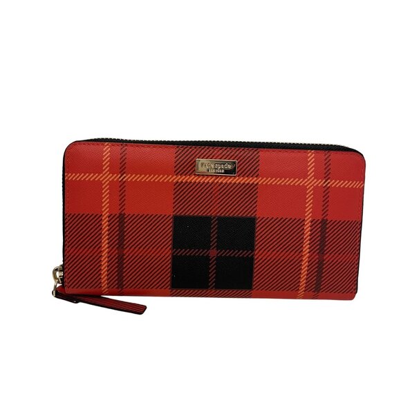 NWOT Kate Spade Red & Black Plaid Leather Zip-Around large Wallet Gold Hardware - Picture 1 of 4